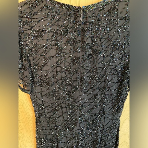 Vintage 90s Oleg Cassini Black Tie Beaded Silk Midnight Blue Cocktail Dress 6 - Picture 6 of 12